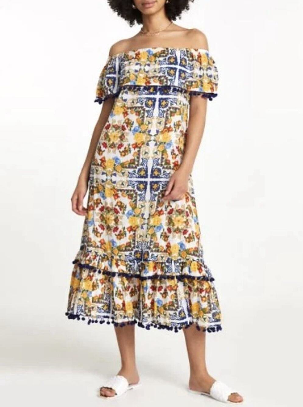 River Island Maxi Dress, Size S Off The Shoulder Pom Pom Citrus Print Boho Gypsy
